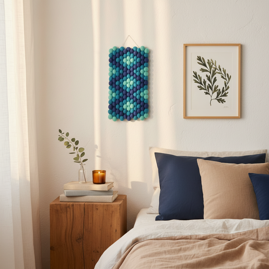 Tapisserie murale Abysses associée à une affiche botanique dans un coin chambre côtier boho-luxe, avec table de nuit en bois brut et lit en lin