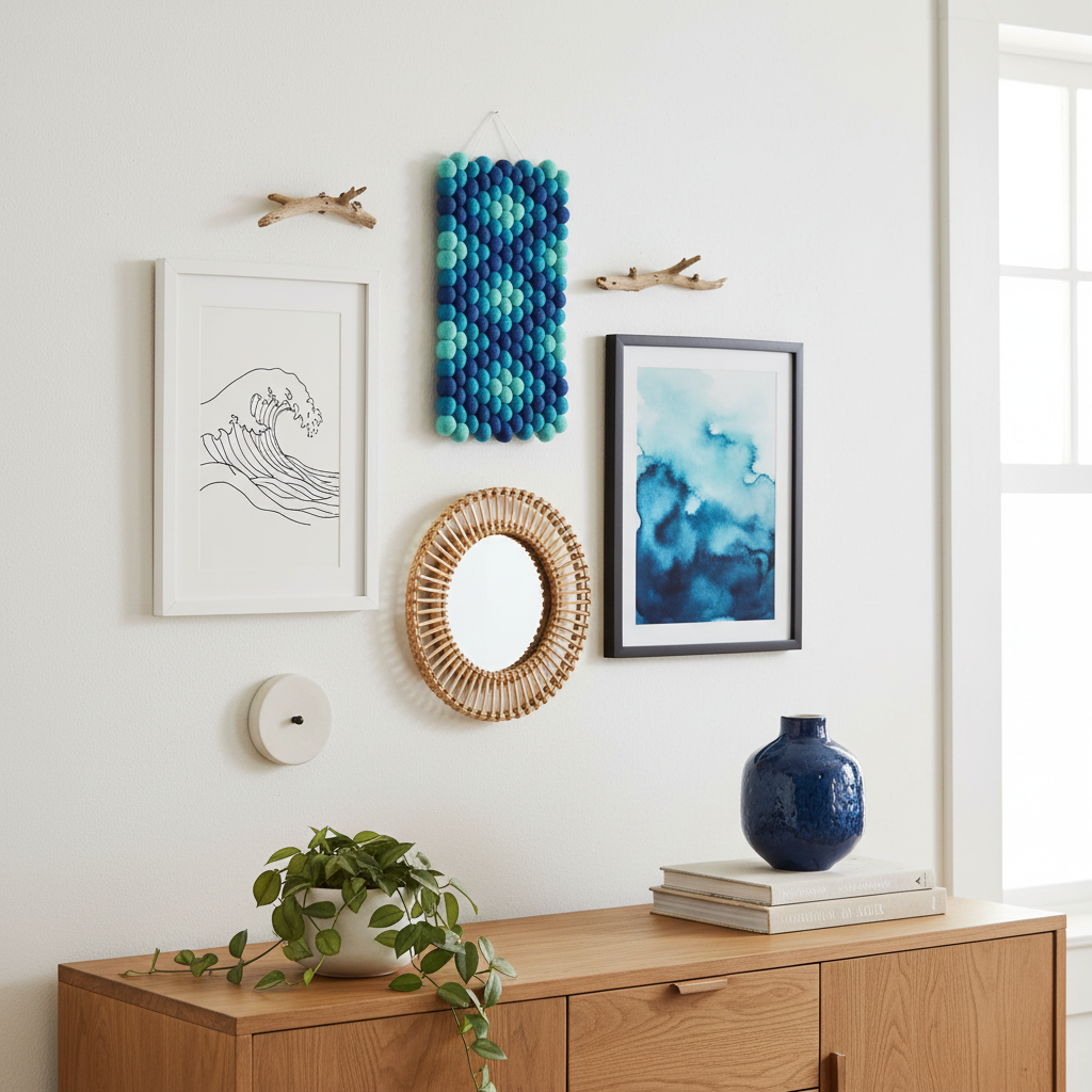 Tapisserie murale Abysses intégrée dans une composition de mur galerie côtier au-dessus d'un buffet en chêne naturel, entourée de cadres, miroir en rotin et objets déco