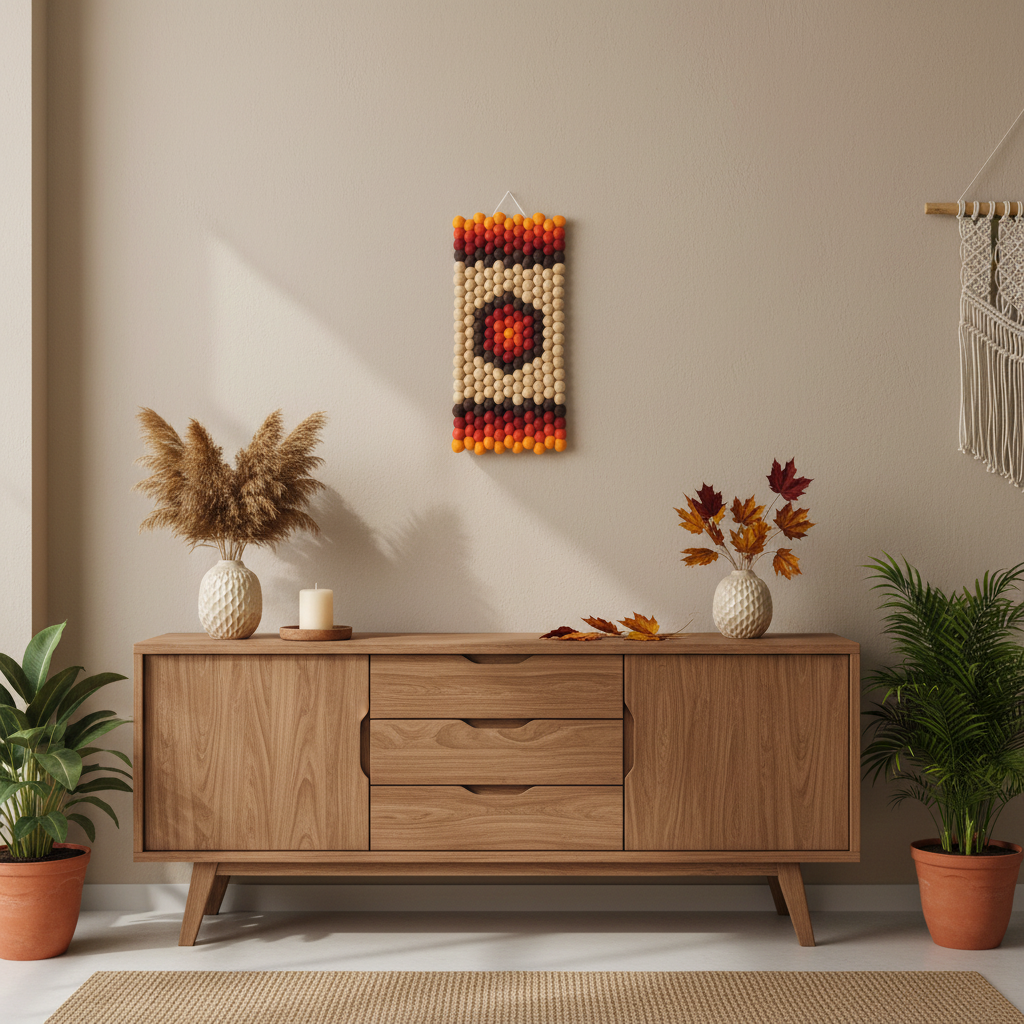 Tapisserie murale Automne Rétro sur mur beige, vue d'ensemble, décoration entrée style rétro artisanal – CELAINEDECO