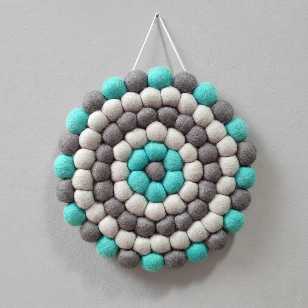 Tapisserie murale ronde pompons laine Mérinos – Gris Fumé, Gris Perle et Bleu Lagon – CELAINEDECO