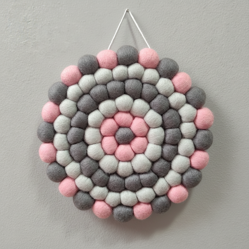 Tapisserie murale ronde Brume Rosée en pompons de laine feutrée gris fumé, gris perle et rose dragée, suspendue par un cordon blanc – CELAINEDECO