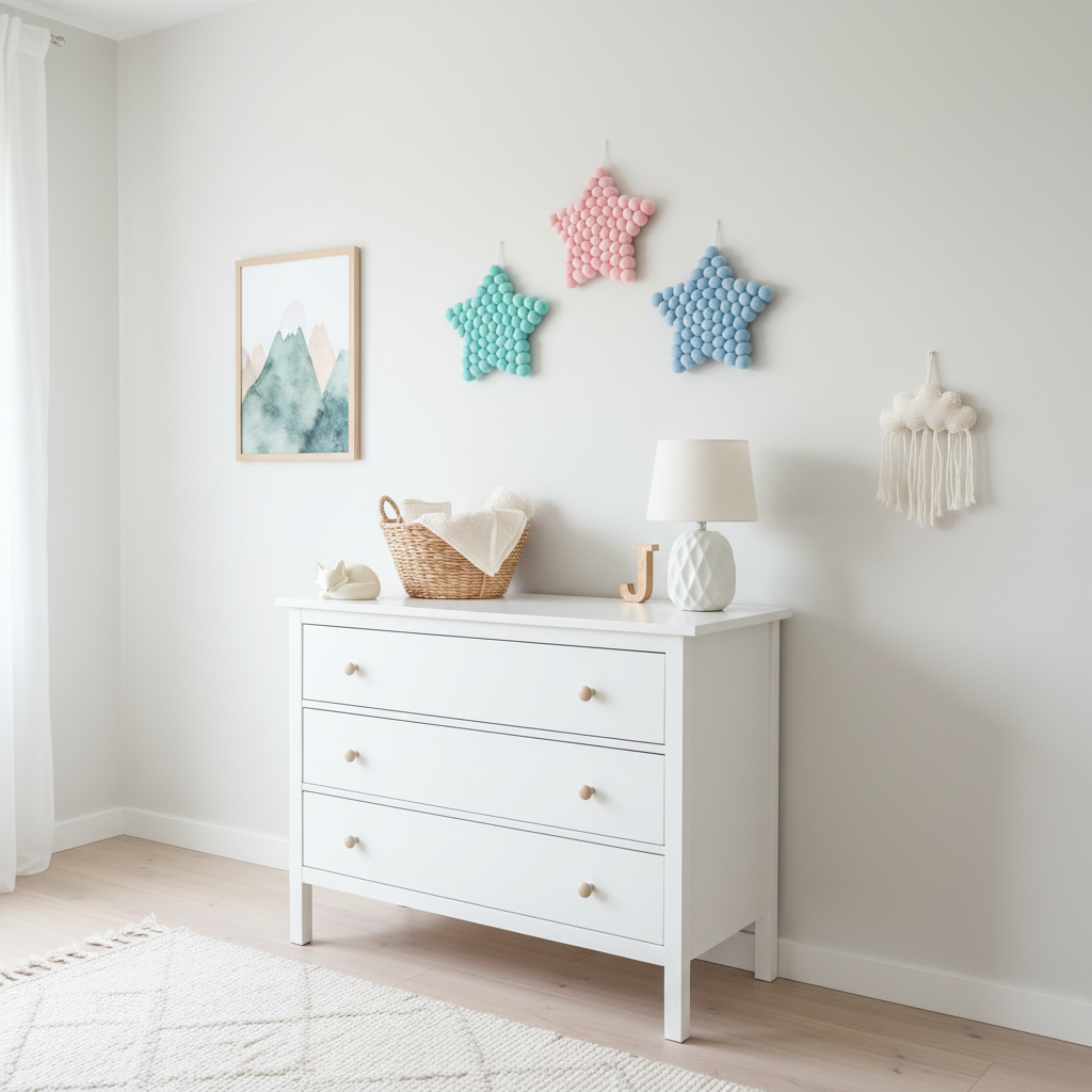 Les 3 Tapisseries murales Etoile rose, bleu ciel et bleu lagon suspendues dans une chambre enfant