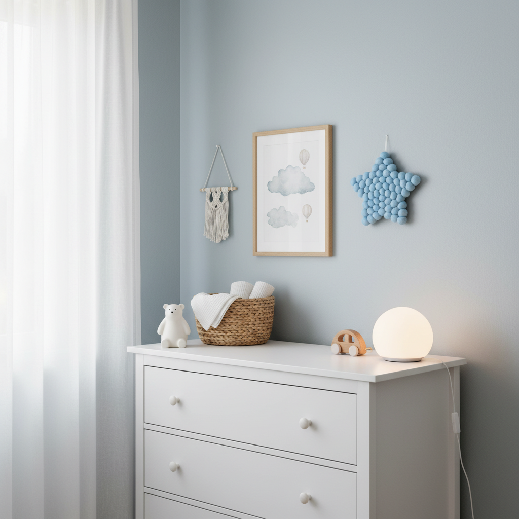 Tapisserie murale Étoile bleu ciel au dessus d'une commode blanche dans une chambre bébé garçon 