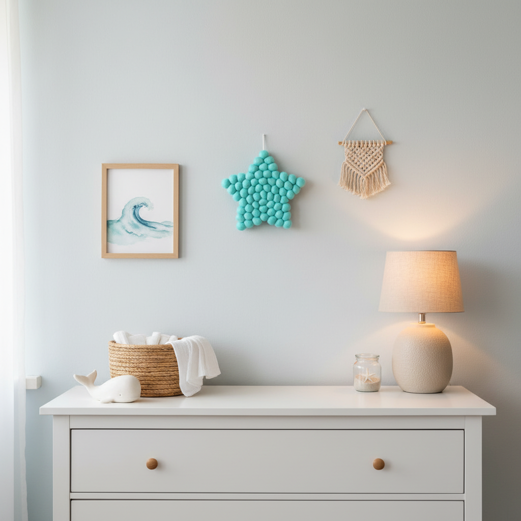 Tapisserie murale Etoile bleu lagon en pompons feutrés dans une chambre bébé mixte thème océan