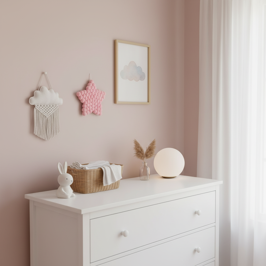 Tapisserie murale Etoile rose dragée suspendue au dessus d'une commode blanche dans une chambre bébé fille