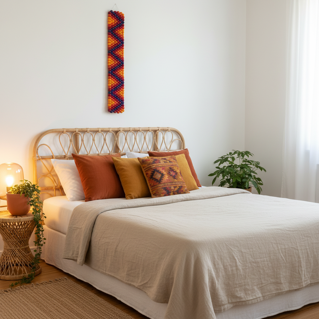 Tapisserie murale Ipanema dans une chambre bohème aux tons chauds avec des plantes