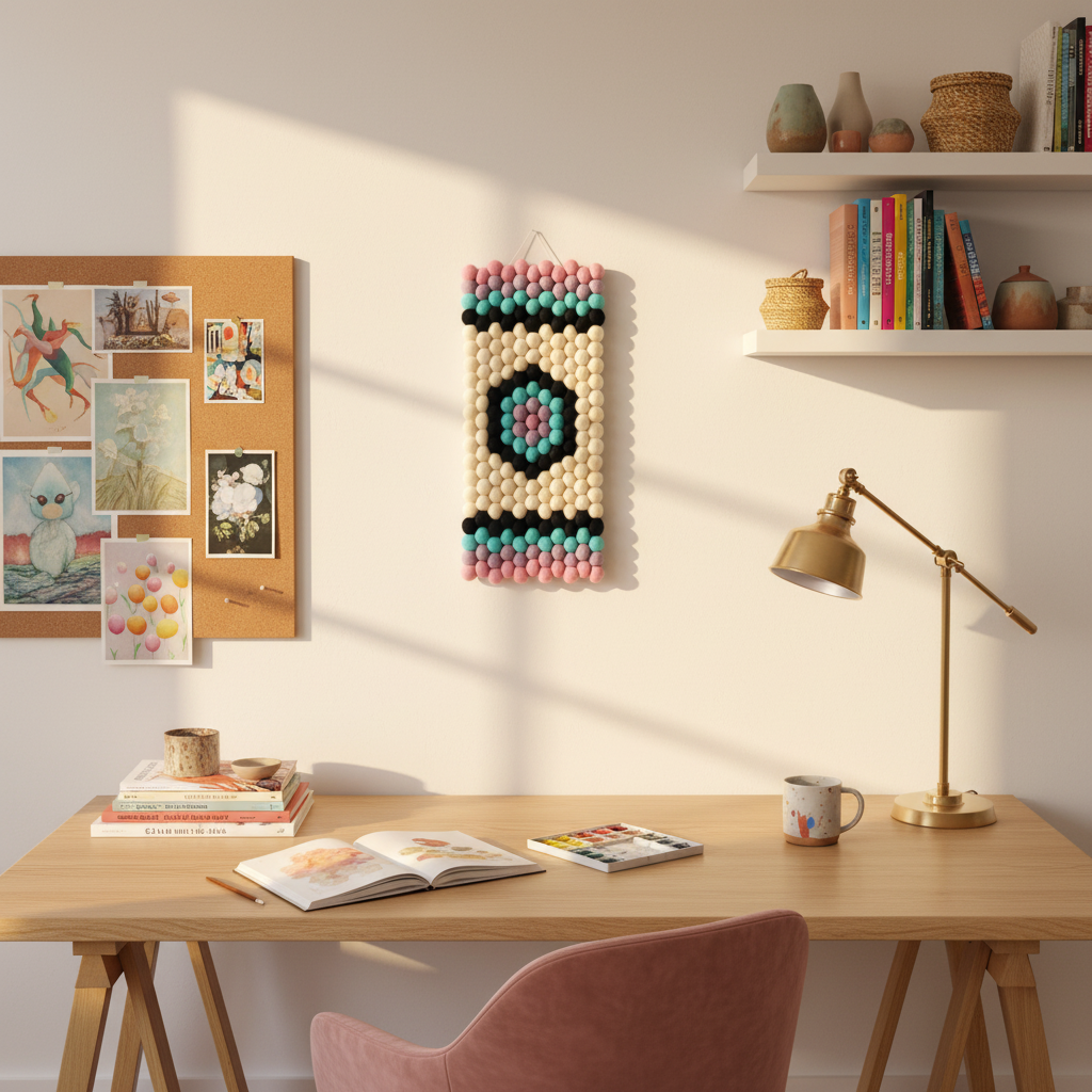 Tapisserie murale Kaléidoscope dans un bureau style atelier bois clair – décoration murale artisanale pompons laine Mérinos – CELAINEDECO