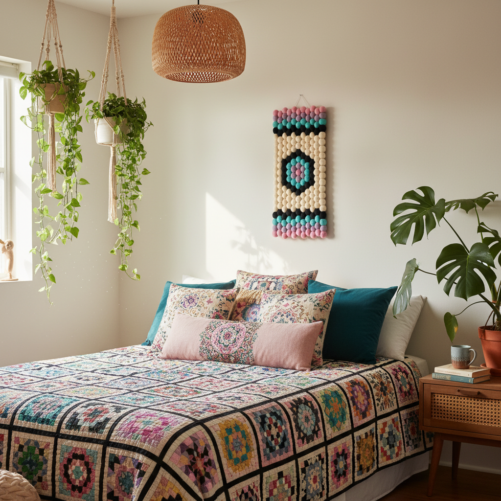 Tapisserie murale Kaléidoscope dans une chambre adulte style bohème – décoration murale en pompons laine Mérinos – CELAINEDECO