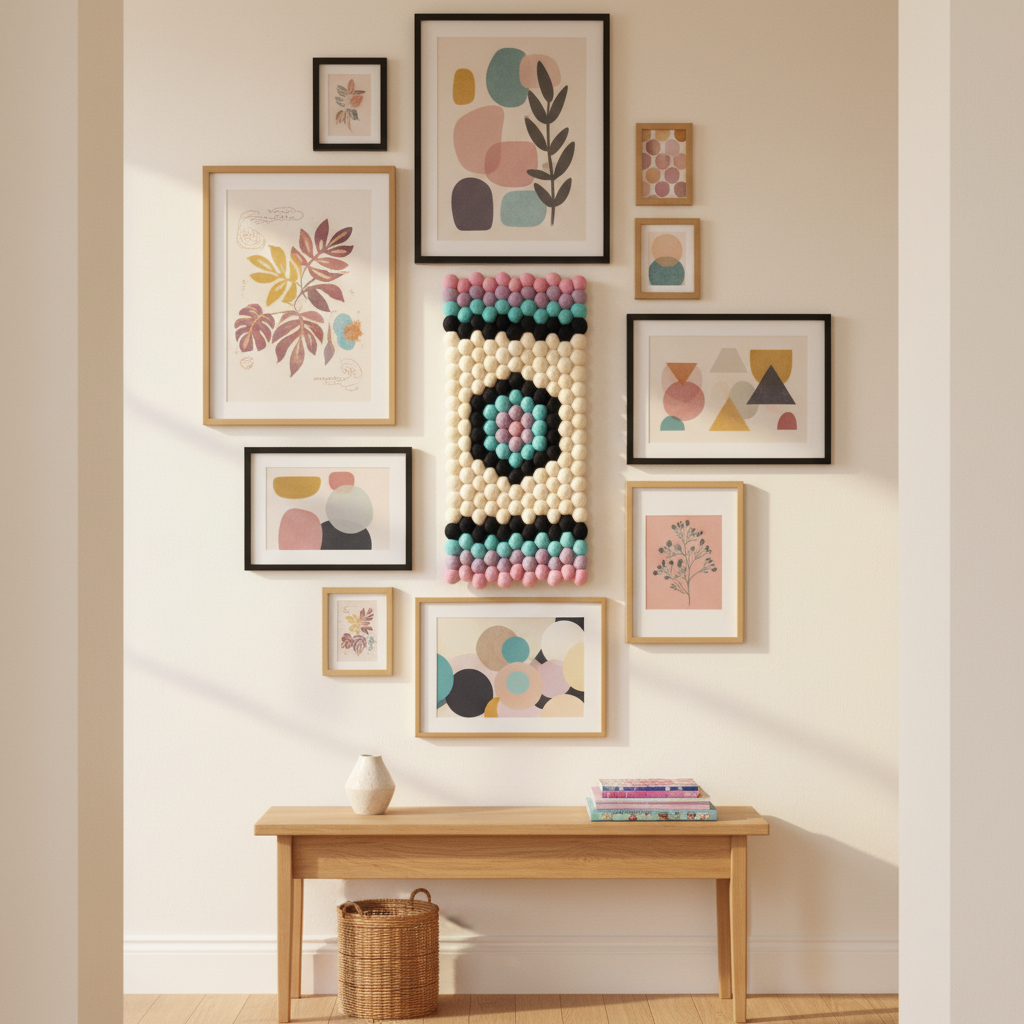 Tapisserie murale Kaléidoscope dans une entrée avec galerie – décoration murale verticale en pompons laine Mérinos noir, rose et mauve – CELAINEDECO