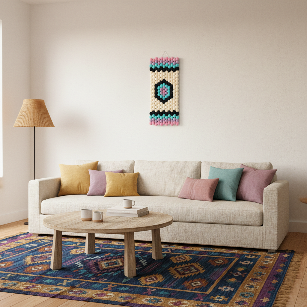 Tapisserie murale Kaléidoscope dans un salon contemporain – pièce artisanale graphique et colorée en laine Mérinos – CELAINEDECO