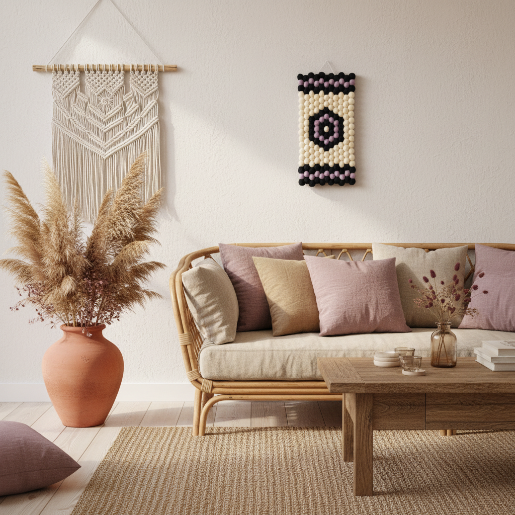 Tapisserie murale Kilim en laine Mérinos dans un salon bohème – décoration murale géométrique – CELAINEDECO