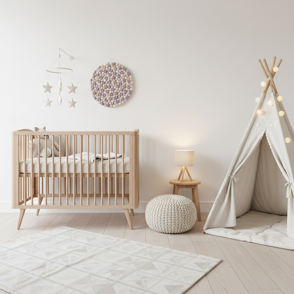 Tapisserie murale Nacre dans une chambre bébé – décoration ronde en laine Mérinos aux tons doux nacré, mauve et beige rosé – fait main