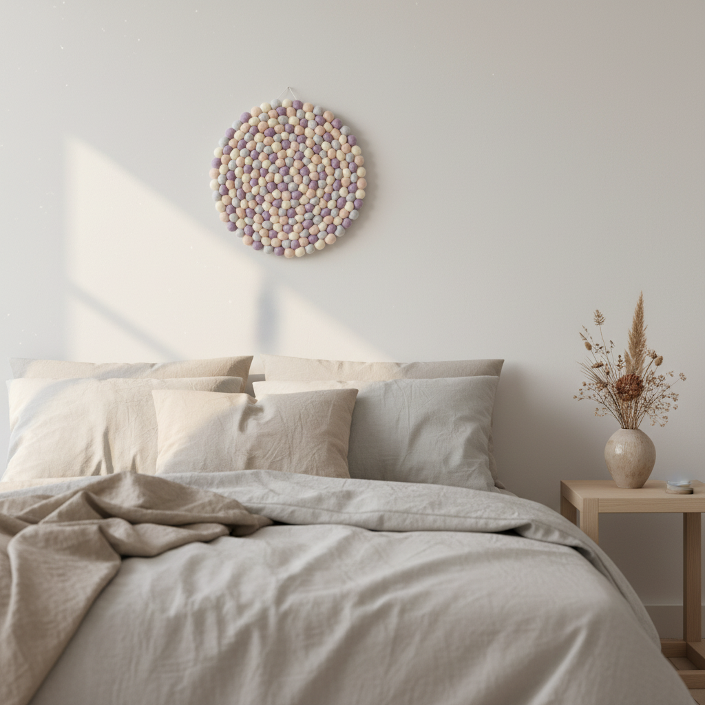 Tapisserie murale Nacre dans une chambre inspiration bohème scandinave – pièce décorative ronde en pompons de laine Mérinos – CELAINEDECO