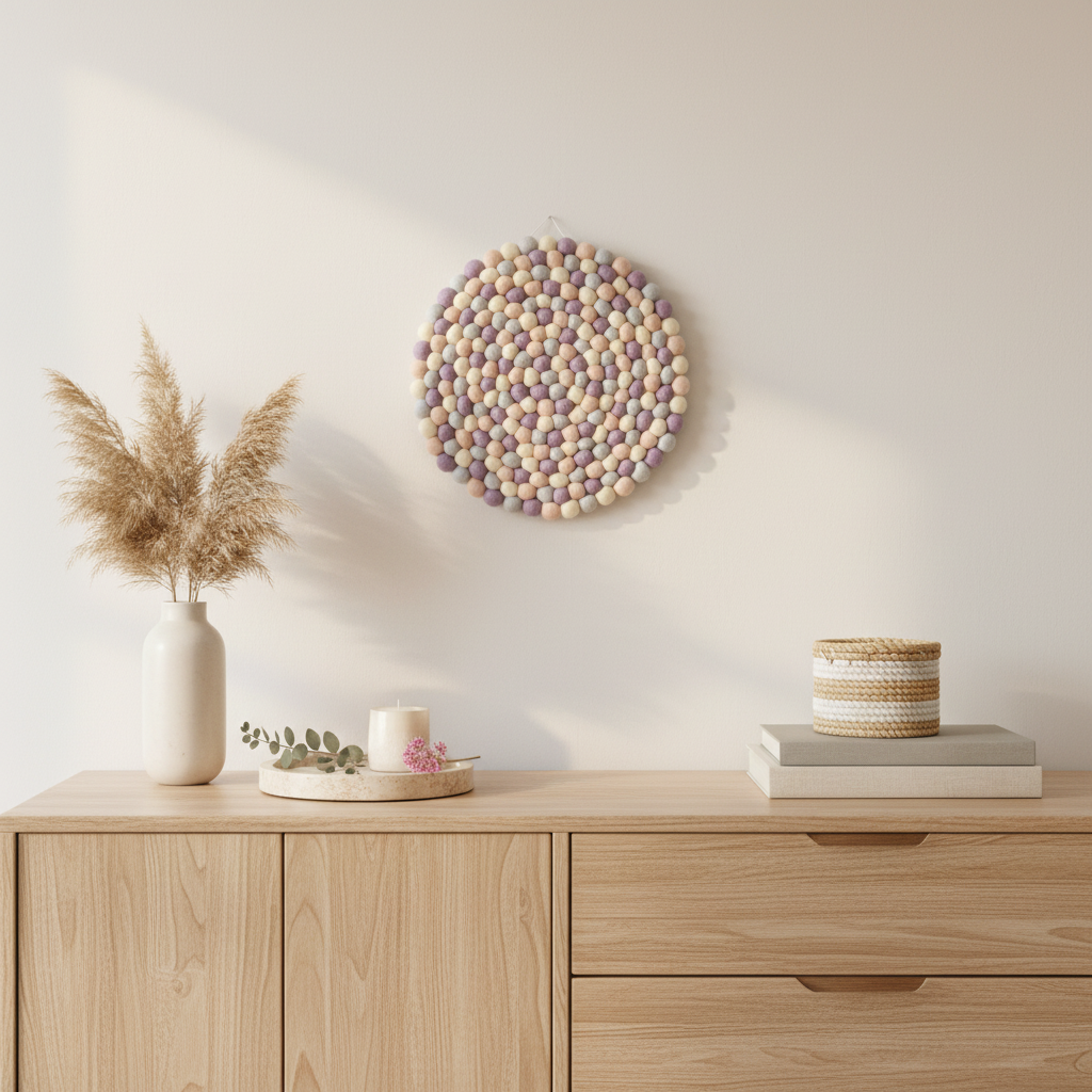 Tapisserie murale Nacre suspendue au-dessus d'une commode – décoration murale ronde en pompons Mérinos – ambiance douce et lumineuse