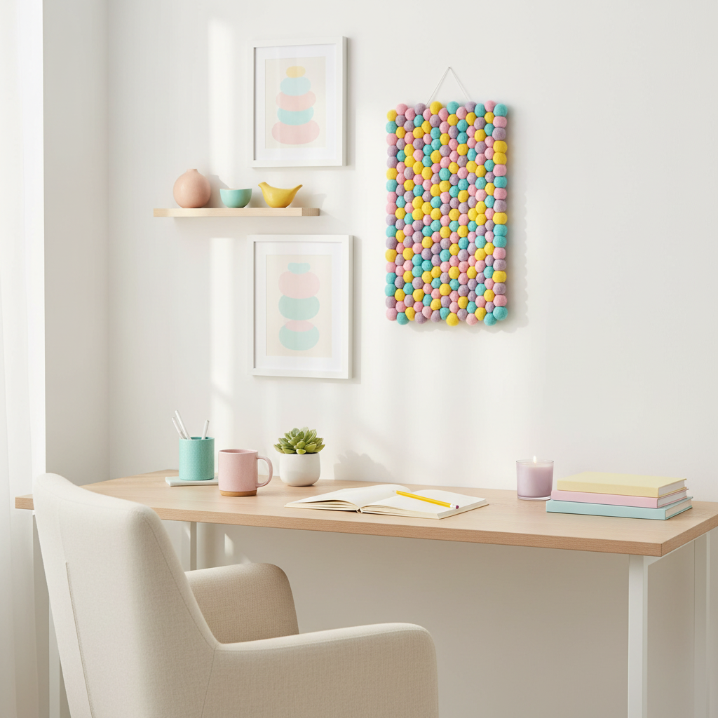 Tapisserie murale en pompons pastel dans un bureau créatif, déco assortie en rose blush, turquoise et jaune