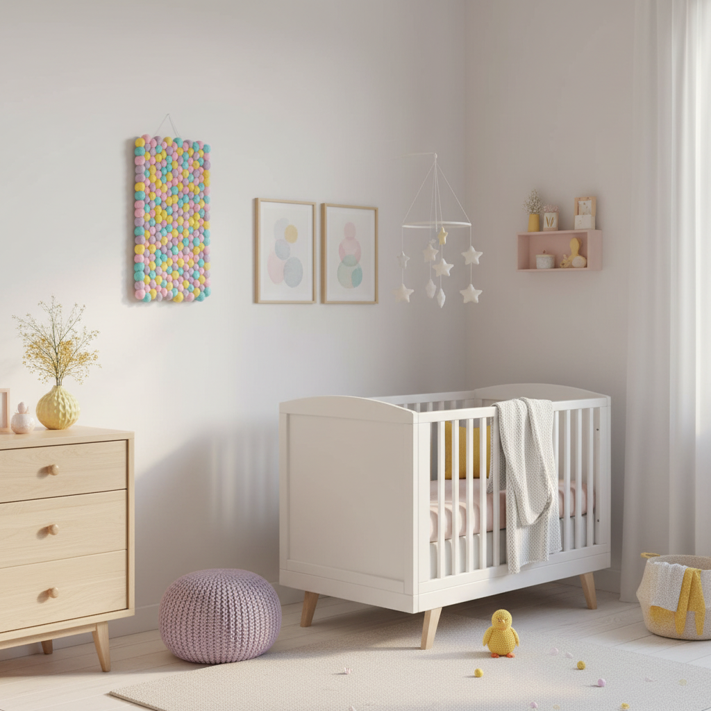 Tapisserie pixel pastel dans une chambre bébé douce et féérique, décoration murale bébé en pompons de feutre colorés