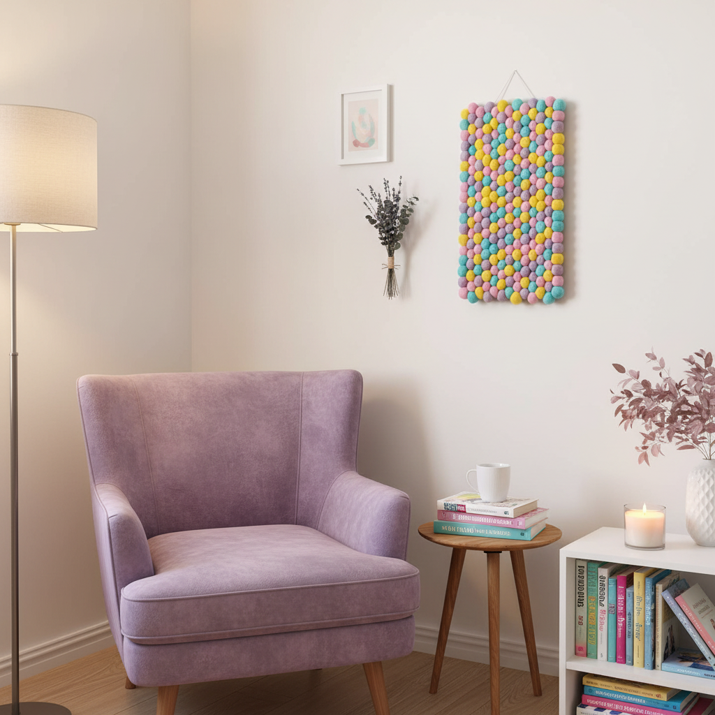 Tapisserie en pompons de feutre pastel dans un coin lecture cosy, fauteuil lavande et livres colorés