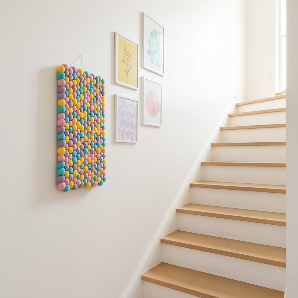 Tapisserie décorative pastel intégrée dans une galerie murale sur montée d'escalier scandinave