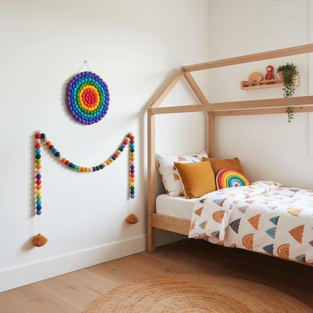 Tapisserie murale Ronde Arc-en-Ciel – Chambre enfant avec guirlande pompons zt lit cabane, composition murale arc-en-ciel