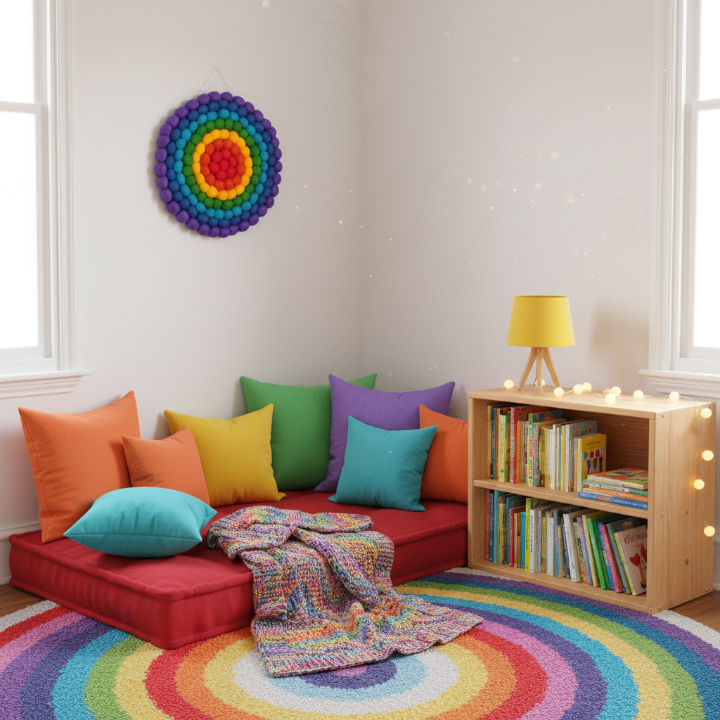 Tapisserie murale Ronde Arc-en-Ciel – Coin lecture, ambiance joyeuse et colorée, décoration enfant
