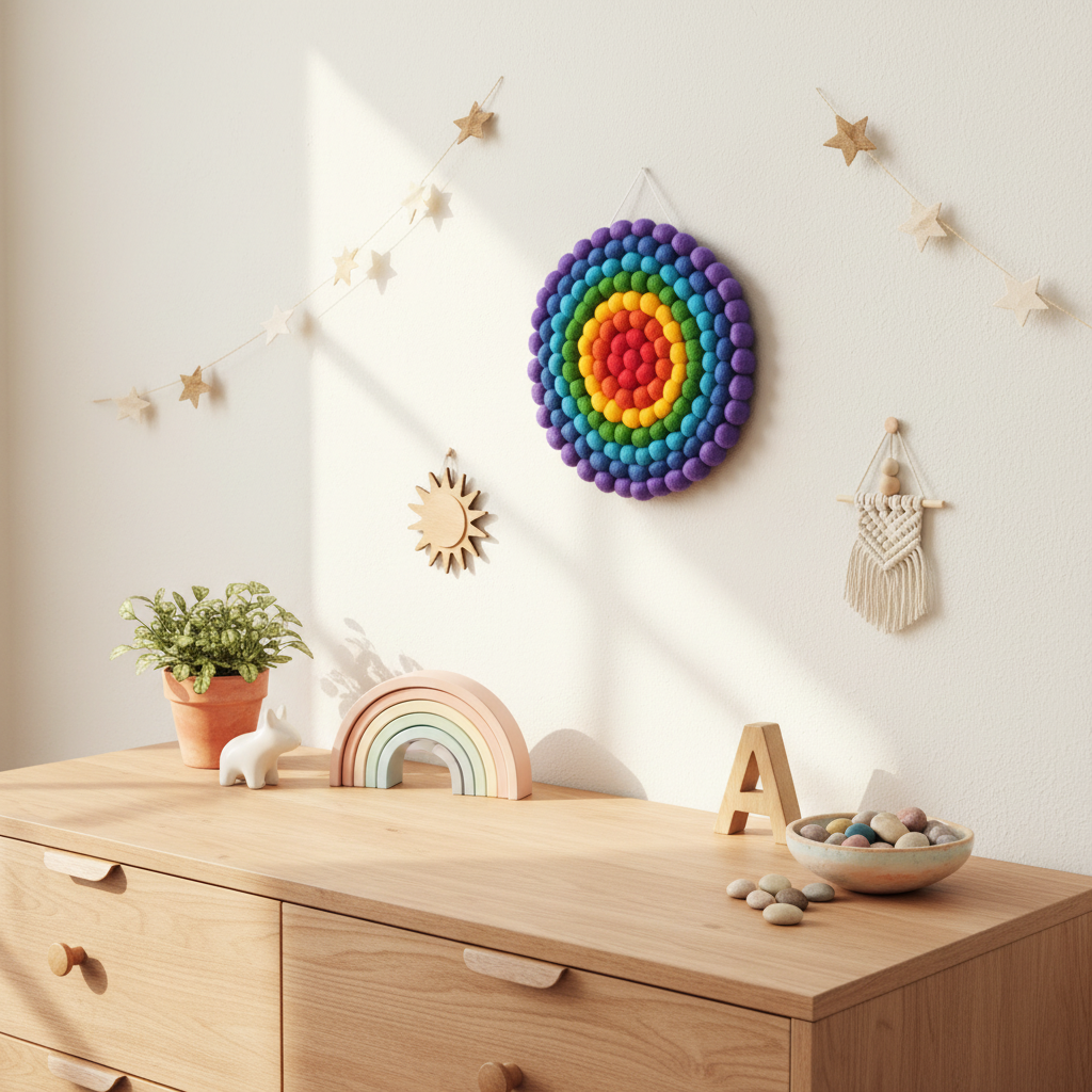 Tapisserie murale Ronde Arc-en-Ciel – Au-dessus d'une commode enfant, décoration murale artisanale France