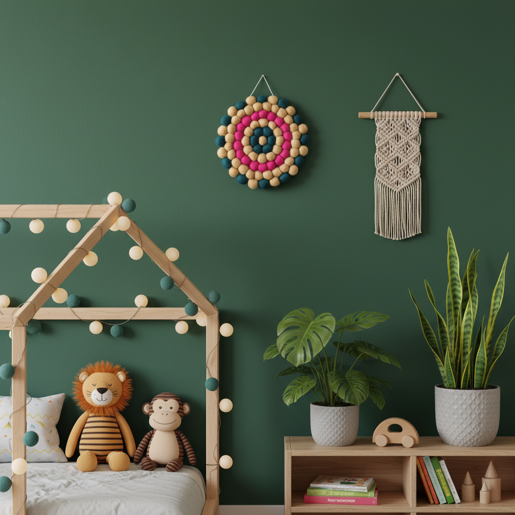 Tapisserie murale Vintage Bloom dans une chambre enfant jungle avec lit cabane et guirlande lumineuse  – CELAINEDECO