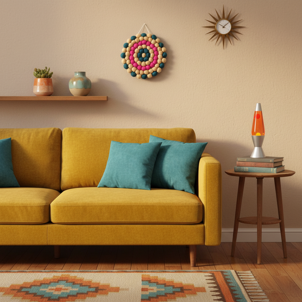 Tapisserie murale Vintage Bloom dans un salon style rétro 70s, canapé moutarde – CELAINEDECO