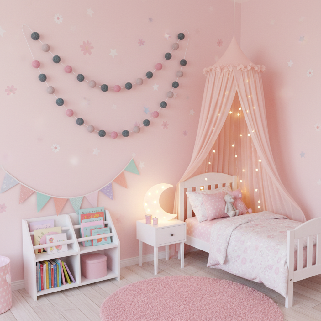 Guirlande de pompons feutrés jardin de lilas dans une chambre de petite fille féerique rose - CELAINEDECO