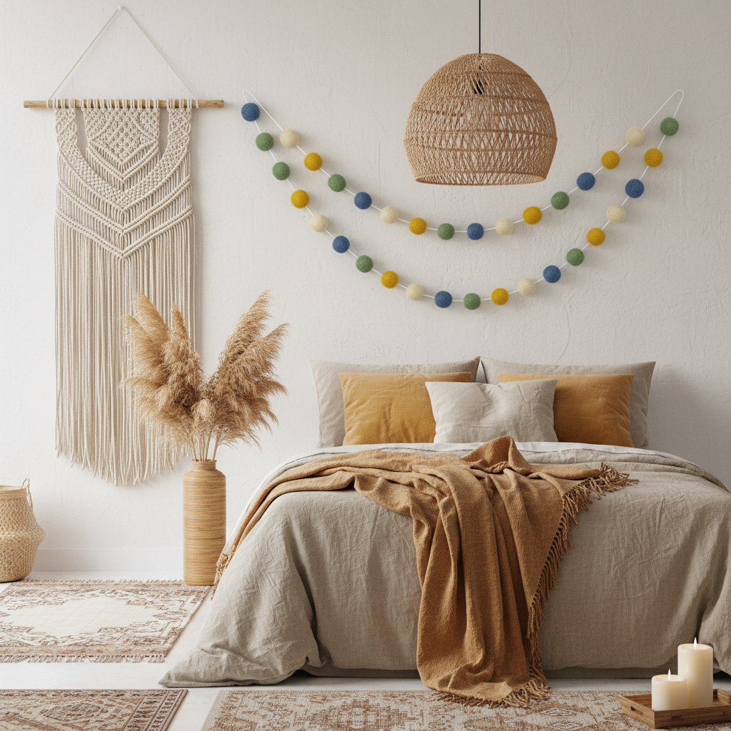 Guirlande de pompons feutrés matcha ocre dans une chambre bohème