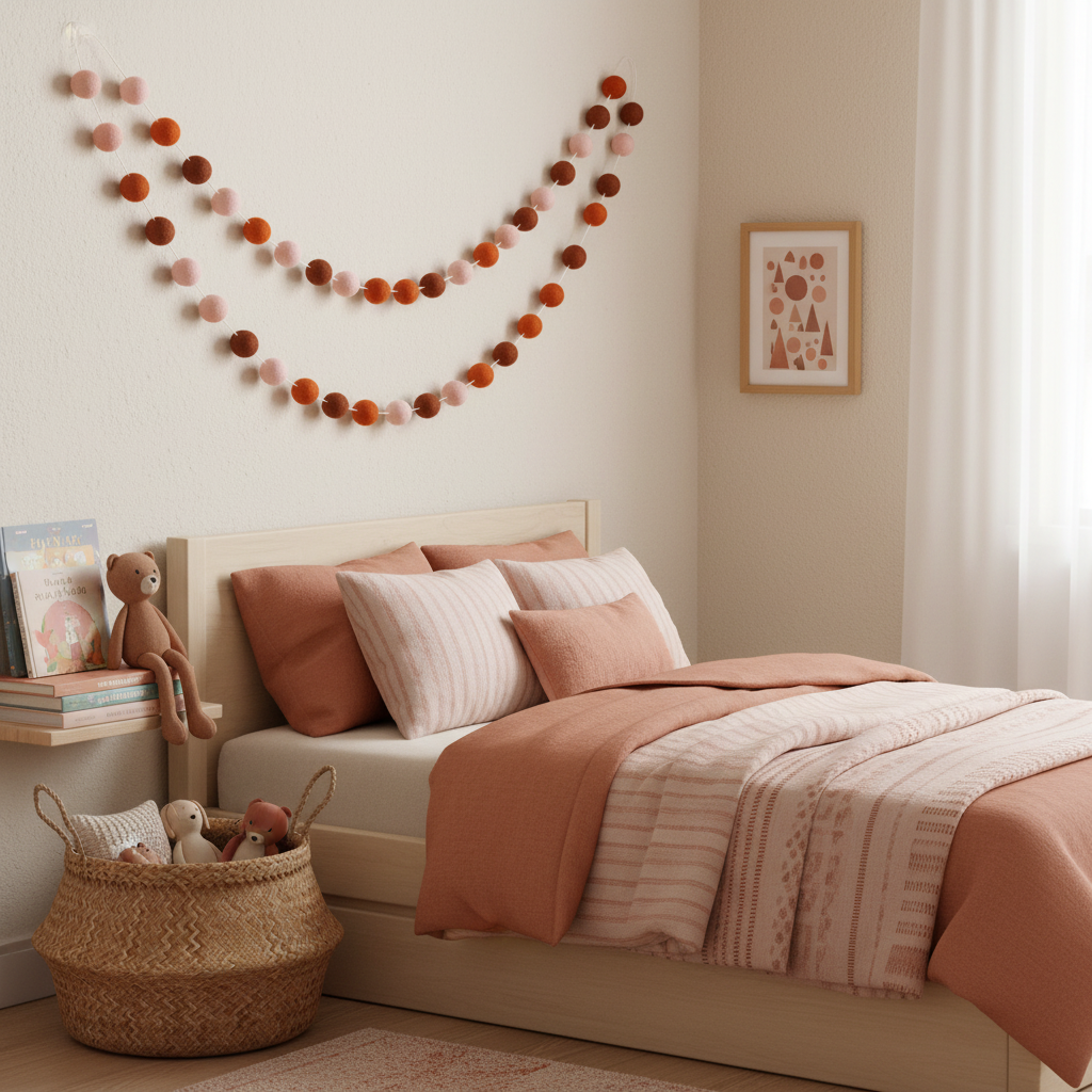 Guirlande de pompons feutrés pétale terracotta suspendue dans une chambre d'enfant