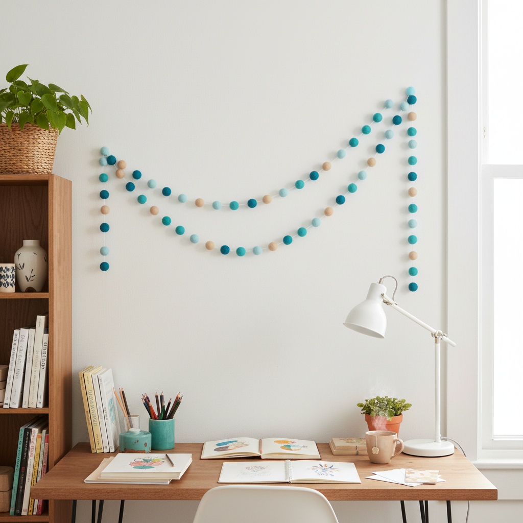 Guirlande de pompons feutrés beige turquoise dans un bureau
