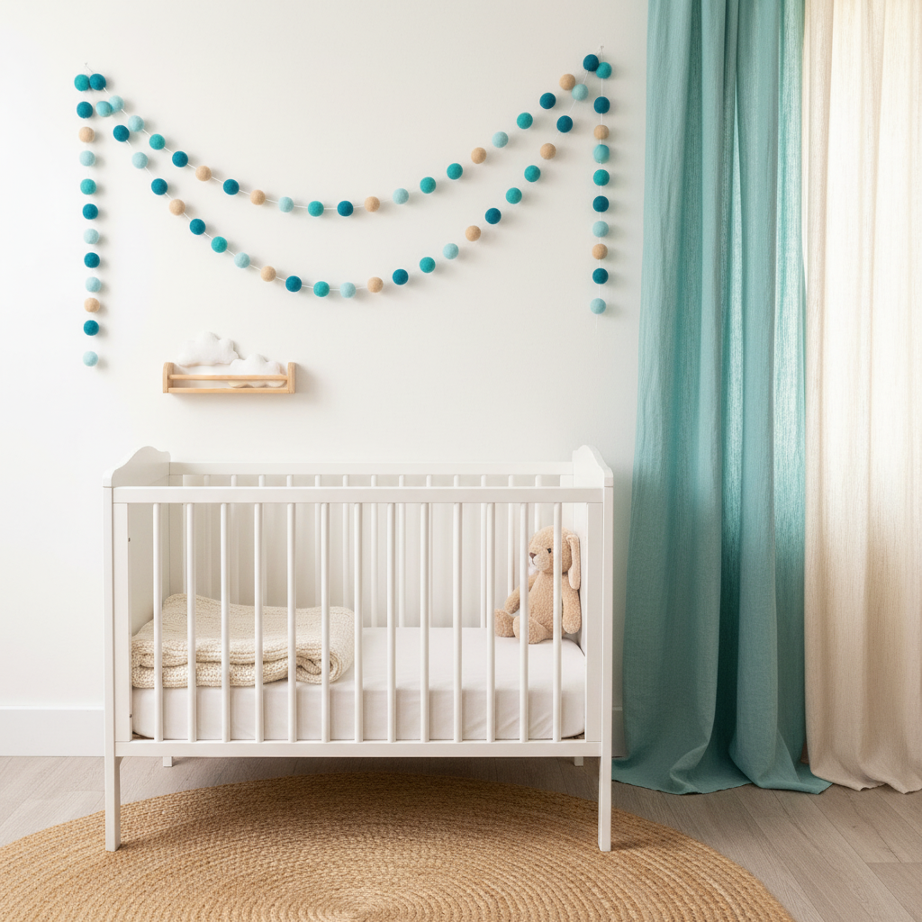 Guirlande de pompins feutrés beige turquoise dans une chambre bébé