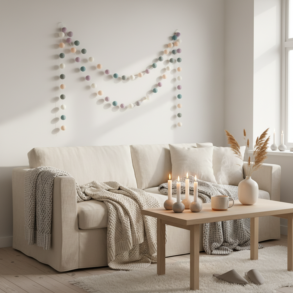 Guirlande de pompons feutrés brume nordique suspendue dans un salon hygge