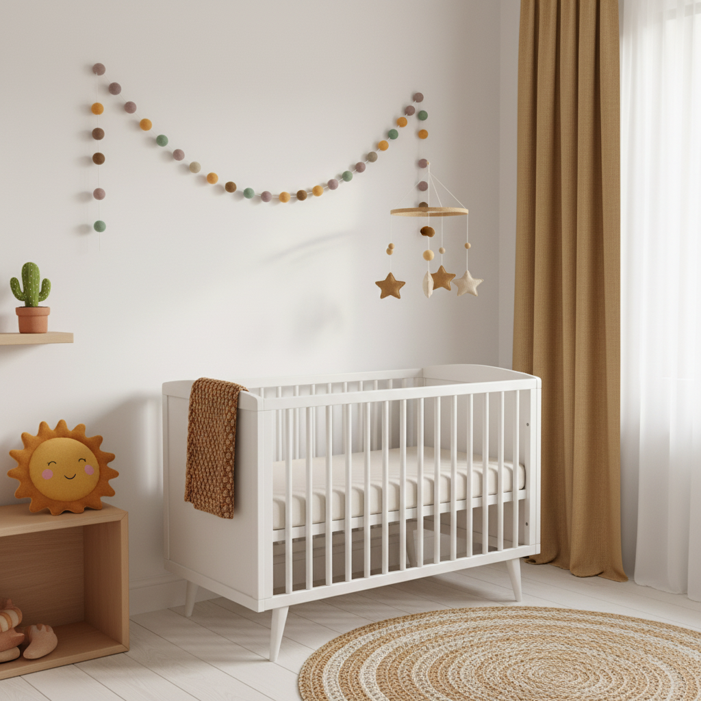 Guirlande de pompons feutrés dolce vita suspendue sur mur dans une chambre bébé mixte