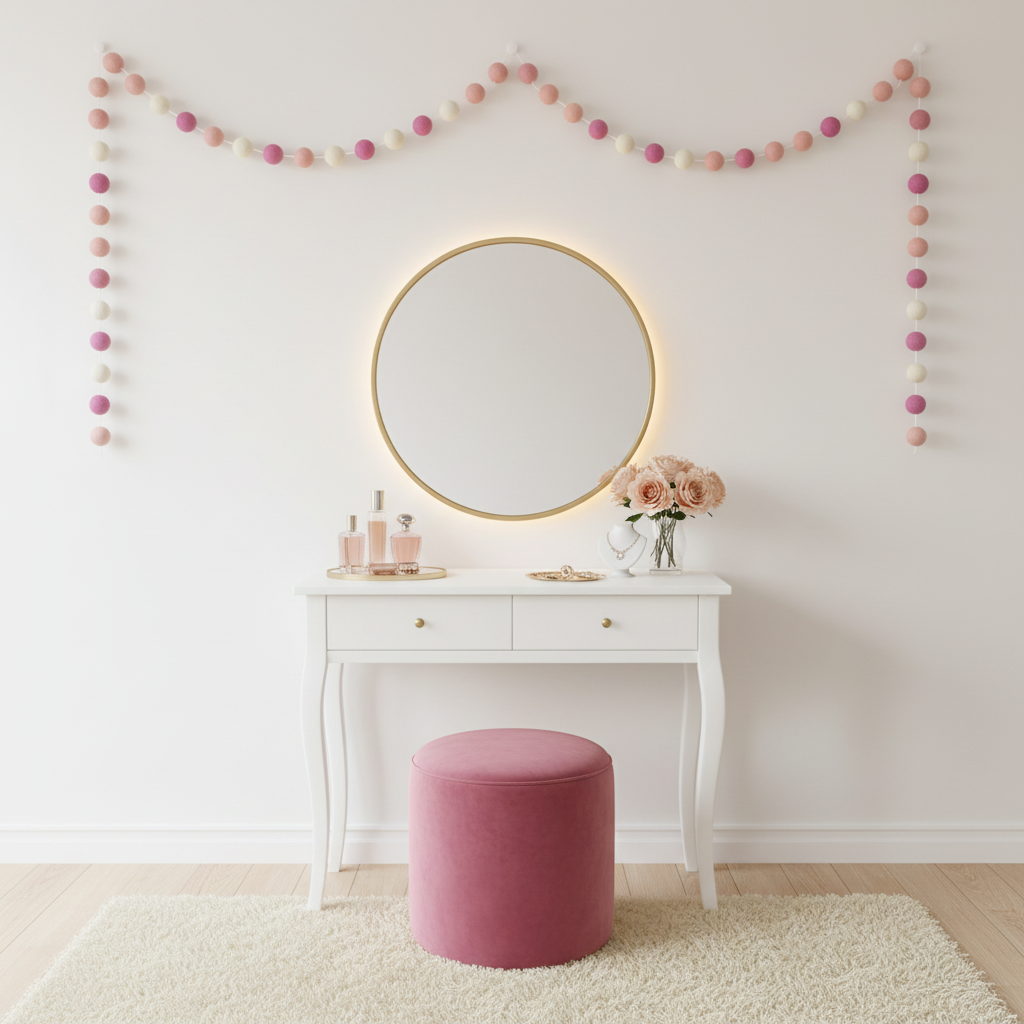 Guirlande de pompons feutrés guimauve rose au dessus d'une coiffeuse lumineuse style boudoir
