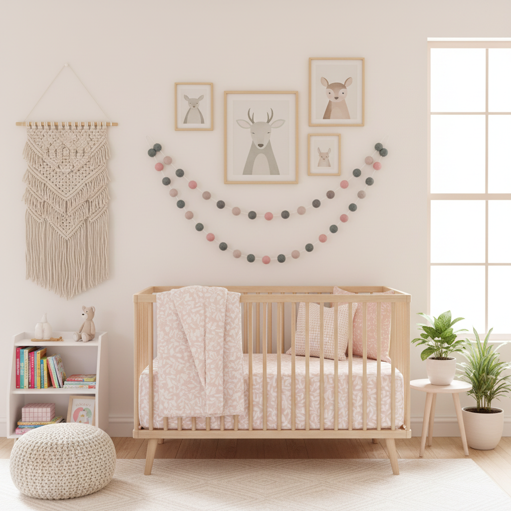 Guirlande pompons feutre jardin de lilas dans une nursery moderne boho, pompons rose poudré et melange turquoise-rose, au-dessus d'un lit bébé en bois, CELAINEDECO