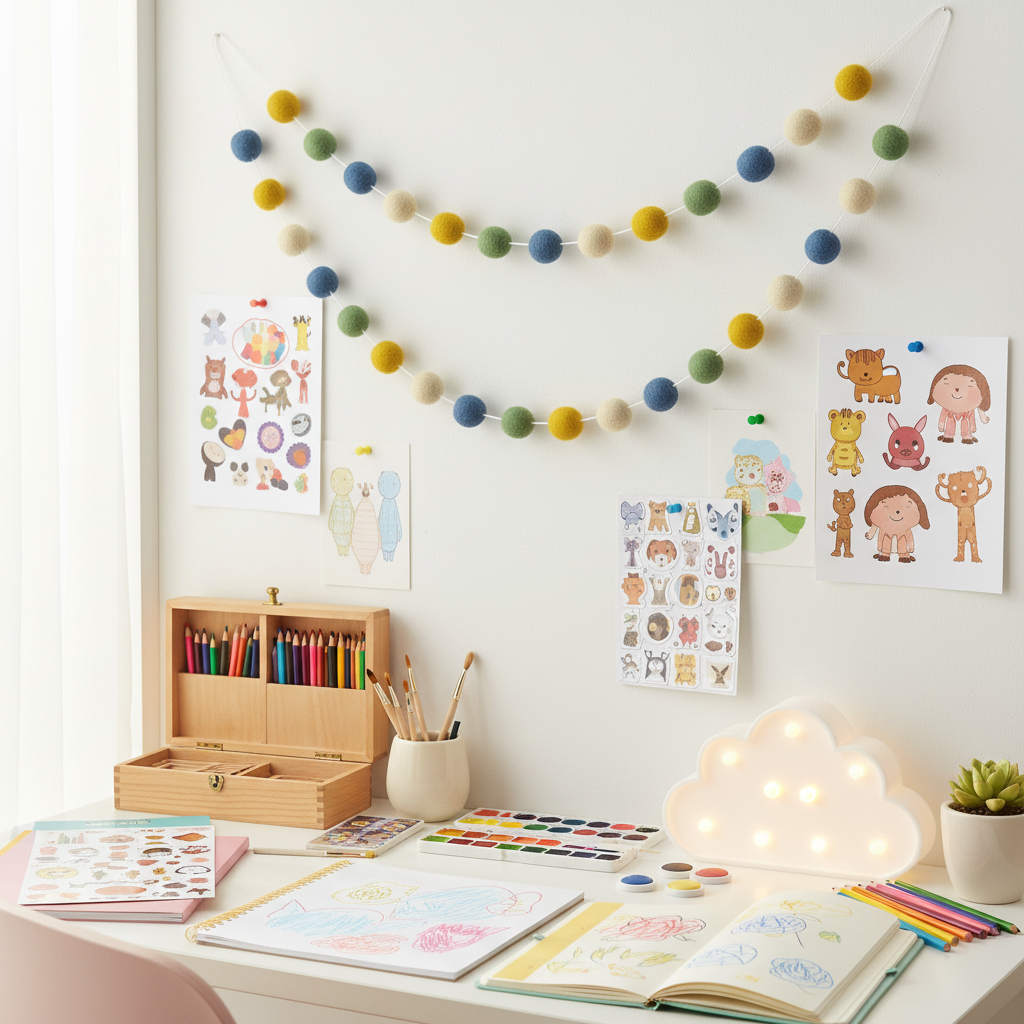 Guirlande de pompons feutrés matcha ocre suspendue dans un bureau enfant