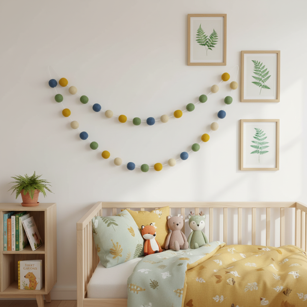 Guirlande de pompons feutrés matcha ocre suspendue sur un mur de chambre d'enfant nature