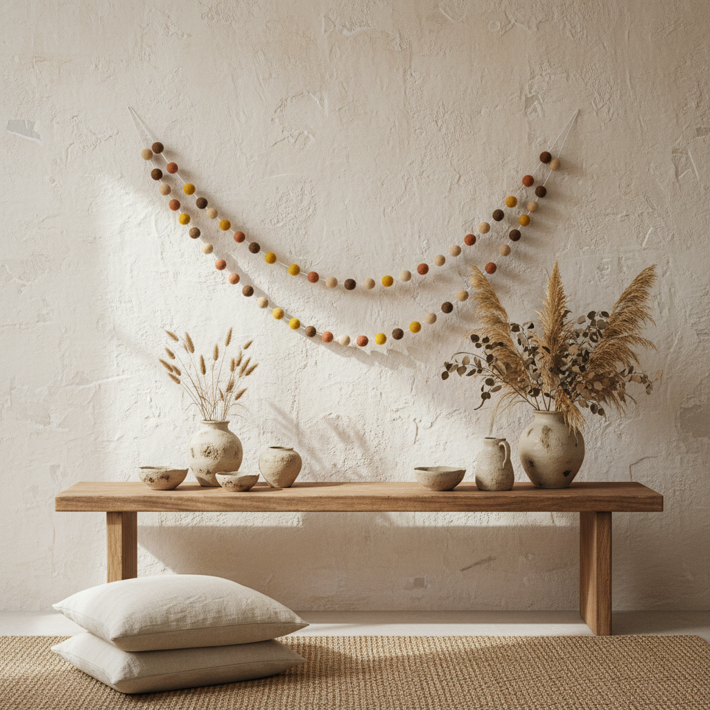 Guirlande de pompons feutrés terre ocre beige sable dans un espace wabi-sabi