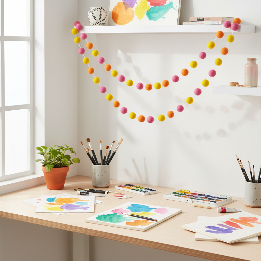 Guirlande de pompons feutrés Tutti Frutti suspendue dans un espace créatif