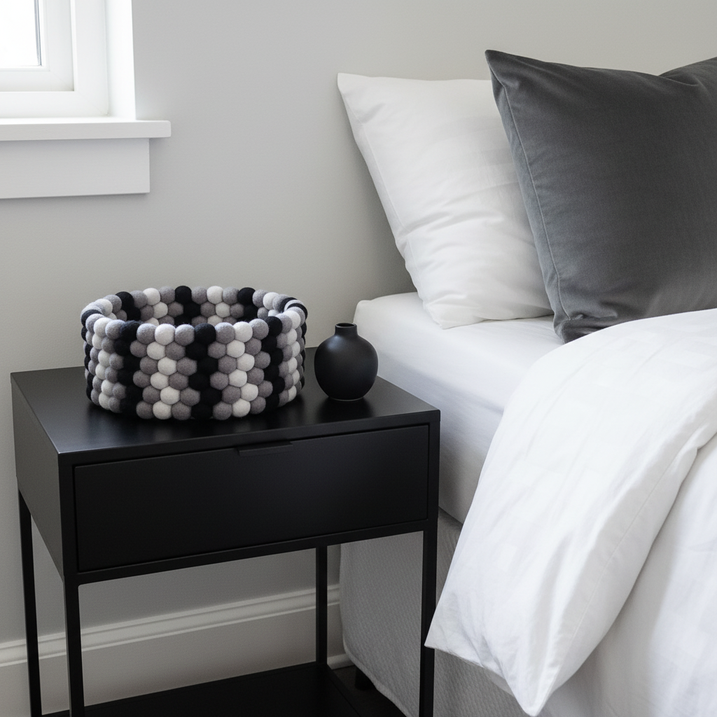 Panier en feutre Graphite & Perle – lifestyle chambre scandinave épurée, table de chevet noire – CELAINEDECO