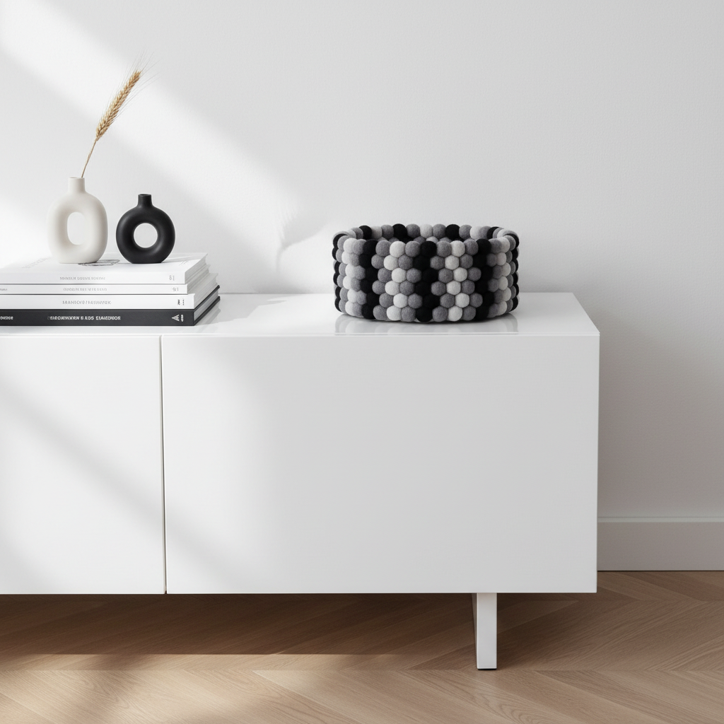 Panier en feutre Perle & Graphite sur une commode de salon moderne – pompons laine mérinos noir graphite et gris perle – CELAINEDECO