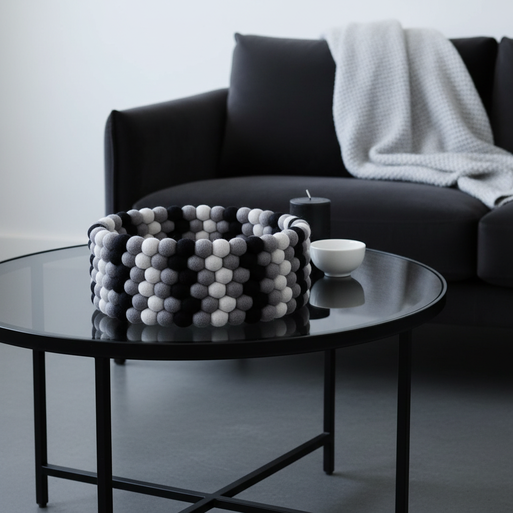 Panier en feutre Graphite & Perle – lifestyle salon contemporain canapé velours charbon, table basse noire – CELAINEDECO