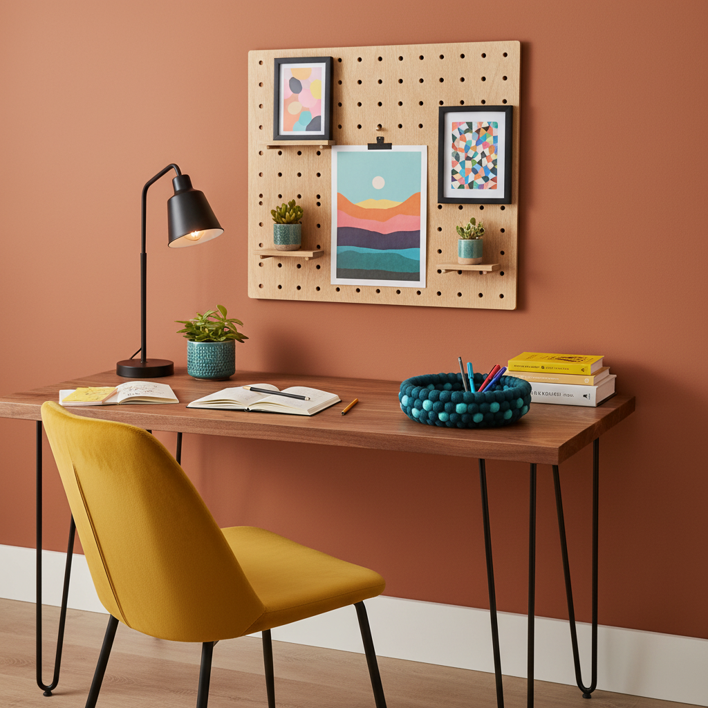 Panier pompons bleu pétrole et lagon sur bureau créatif terracotta – CELAINEDECO