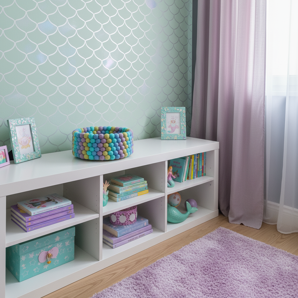 Panier en feutre Lagon Pastel dans une chambre fille au thème sirène sur une bibliothèque blanche – CELAINEDECO