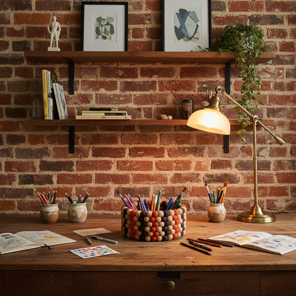 Panier en pompons feutrés posé brun beige orange sur un bureau créatif style atelier – CELAINEDECO