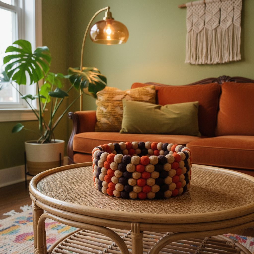 Panier artisanal en feutre rétro vintage dans un salon seventies – CELAINEDECO