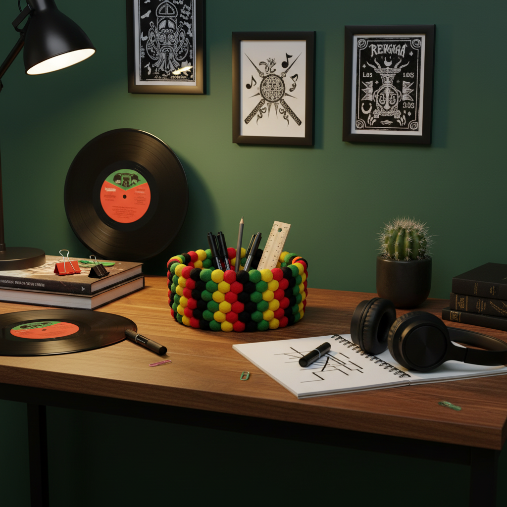 Panier en feutre Roots & Wool utilisé comme organiseur de bureau créatif – pompons laine mérinos noir rouge jaune vert – CELAINEDECO