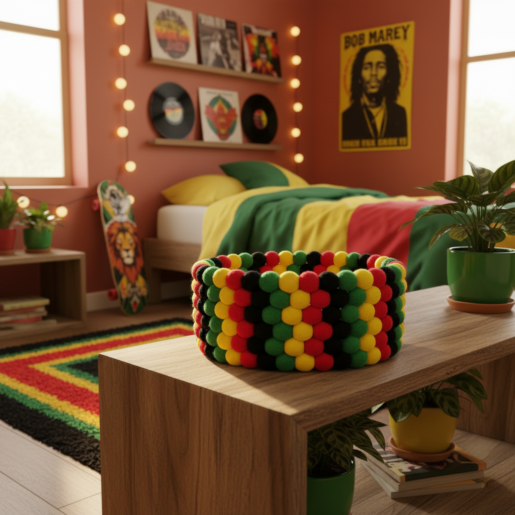 Corbeille pompons feutre mérinos noir rouge jaune vert dans une chambre ado aux inspirations reggae