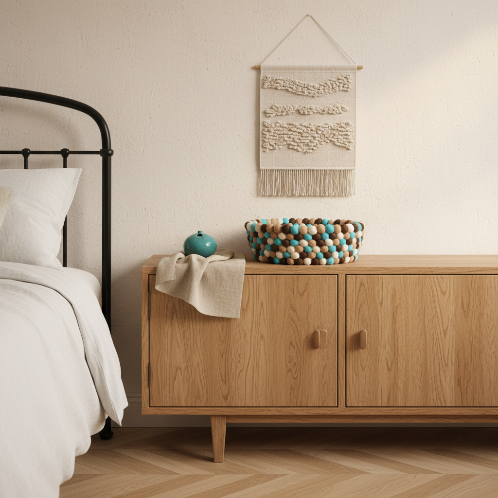 Panier en feutre Sable & Lagon posé sur un buffet en chêne dans une chambre campagne française – CELAINEDECO